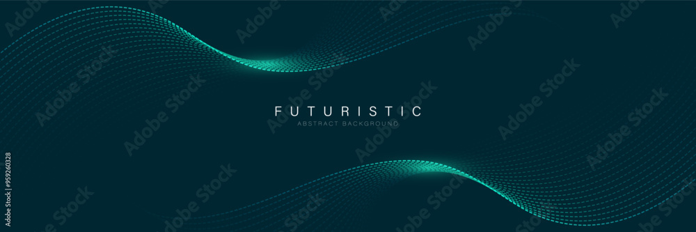 Poster Futuristic abstract background with flowing particles wave. Shiny moving lines design element. Digital future technology concept. Suit for banner, website, business, corporate, cover, brochure