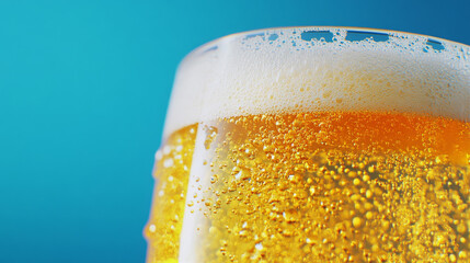 A tall glass of cold beer with foam on top, against a vibrant blue background, emphasizing refreshment during Oktoberfest celebrations.

