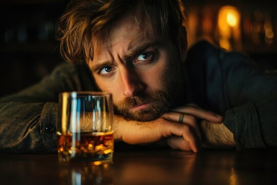 Depressed man drinking alcohol alone at bar counter - Powered by Adobe