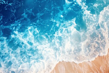 Summer seascape beautiful closeup. Blue sea water in sunny day. Top view from drone. Sea aerial surf, amazing tropical nature background. Mediterranean bright sea bay waves splashing beach sandy , ai