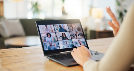 Video call, business people or hands greeting on laptop in virtual meeting for discussion on screen in home. Wave hello, online or person in webinar for teamwork, talking and speaking of remote work
