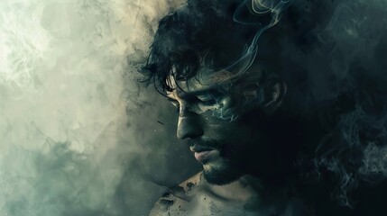 A man with smoke swirling around his head, creating a surreal and mystical effect.
