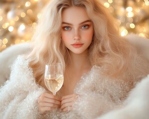 Beautiful Young Woman Celebrates New Year's Eve with Champagne and Festive Lights, Glamorous and Relaxed New Year's Eve Celebration