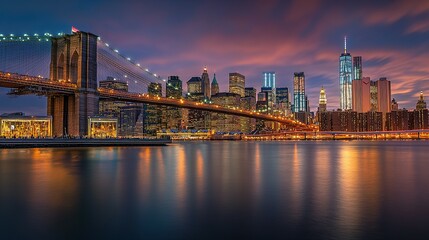 Fototapeta premium Illuminated Brooklyn Bridge over Manhattan Skyline at Sunset