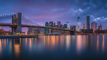 Fototapeta premium Brooklyn Bridge with Skyline and Water Reflections at Dusk