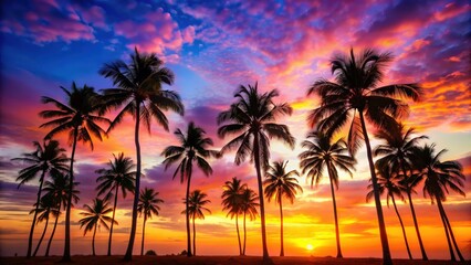 Obraz premium Coconut palm trees silhouetted against a colorful sunset , tropical, palm trees, sunset, sky, vibrant, nature, colorful