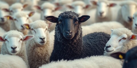 Obraz premium Fluffy Black Sheep Standing Amidst Large Herd of White Sheep