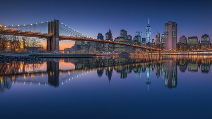 The Brooklyn Bridge and the Manhattan Skyline Reflected in the East River at Twilight