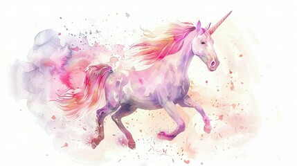 Fototapeta premium Watercolor Painting of a Pink Unicorn Galloping Through a Splashed Background