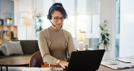 Virtual assistant, headset and woman typing on laptop in home office for customer service, support...