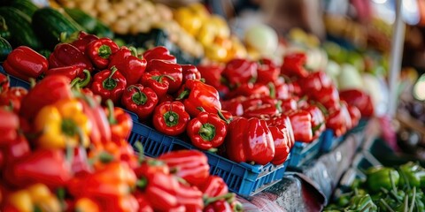 Fototapeta premium Close up photo of vivid red peppers displayed at a busy market stall The ripe colorful peppers are artfully arranged in an array of shapes and sizes showcasing their vibrant beauty