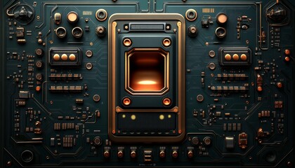 Fototapeta premium Golden Trimmed Circuit Board with Central Component