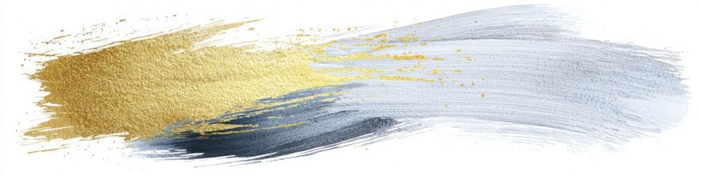 Shiny silver watercolor brush effect on white with gold.