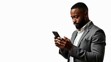A man in a suit is looking at his cell phone