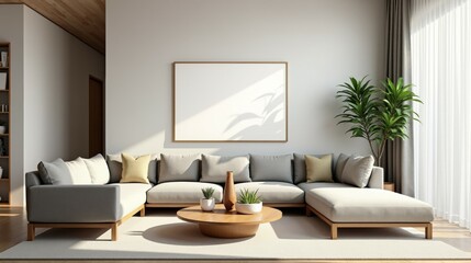 A living room with a white wall and a large white framed picture