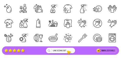 Washing cloth, Washing machine and Dirty water line icons for web app. Pack of Dont touch, Shampoo, Wash hands pictogram icons. Fork, Hold t-shirt, Use gloves signs. Household service. Vector