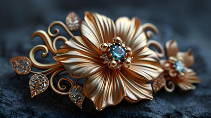 Fototapeta premium Golden Floral Brooch with Blue Gemstone - 3D Illustration