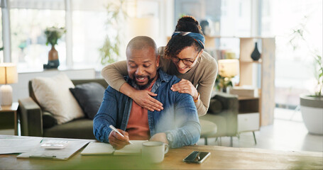 Obraz premium Financial paperwork, hug or happy African couple with planning or household budget in home. Bills, writing or people with form documents for accounting report of investment growth, taxes or salary