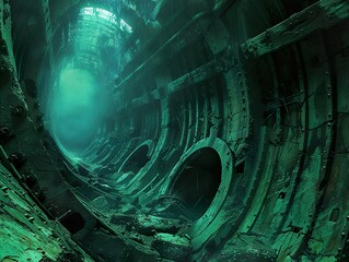 A haunting view of a shipwreck's interior, with light filtering through the water. The rusting metal and wood create a sense of decay and mystery.