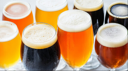 Assorted pints of beer , showcasing different styles and colors against a white backdrop, perfect for beer enthusiasts