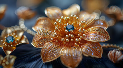 Golden Flower with Blue Gemstone - Closeup Macro Photography