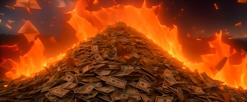 A huge pile of money on fire, with bright orange flames dancing wildly, sending sparks into the night sky