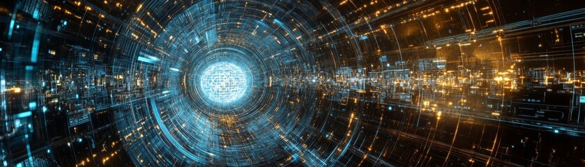 A woven digital tapestry displaying shifting symbols, each representing different ideologies, set in a futuristic virtual gallery