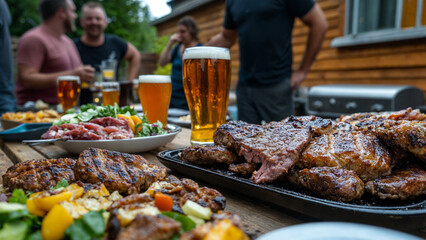 Obraz premium Friends enjoying grilled meat and beer during a summer barbecue in a garden setting on a sunny afternoon
