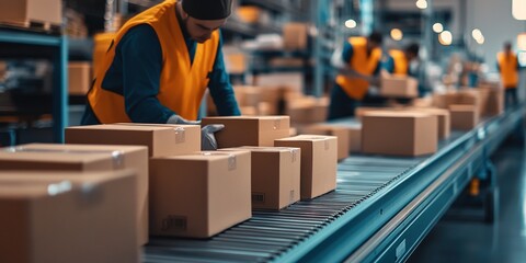 Efficient factory packaging and distribution area with workers meticulously boxing and labeling finished products.Manufacturing process,e-commerce logistics,supply chain digitization,industrial design