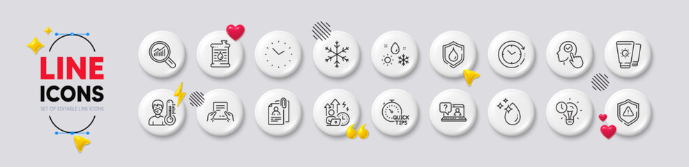 Difficult stress, Waterproof and Time line icons. White buttons 3d icons. Pack of Attention, Oil barrel, Time management icon. Faq, Interview documents, Snowflake pictogram. Vector
