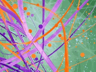 Dynamic purple lines with orange dots on green, accented by blue.