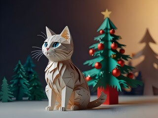 A cat in the paper cutout style christmas