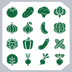 Set of vegetables black silhouette Carrot, potato, tomato, cucumber, onion, garlic, cauliflower, bell pepper, cabbage vector icon in white background.