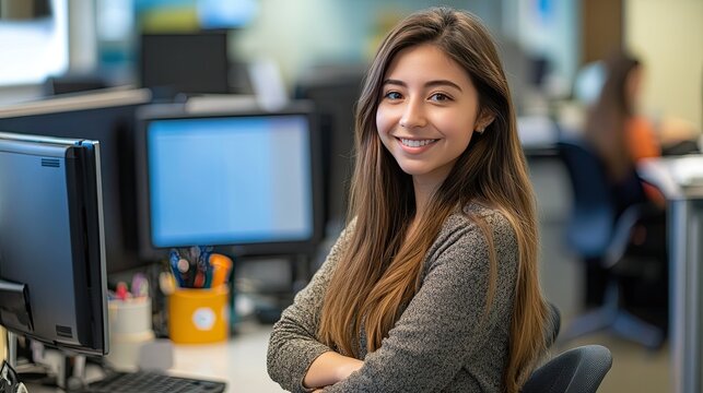 Smiling woman sits in office with arms crossed. This image is perfect for articles about business, technology, and entrepreneurship.