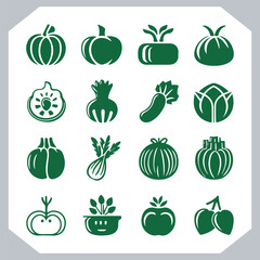 Set of vegetables black silhouette Carrot, potato, tomato, cucumber, onion, garlic, cauliflower, bell pepper, cabbage vector icon in white background.