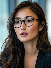 Fototapeta premium Portrait of a young Asian businesswoman wearing glasses, posing confidently