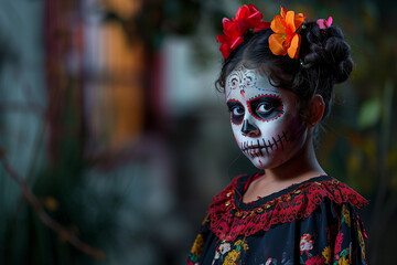 Day of the Dead Girl Costume Showcasing Colorful Painted Skull for Halloween in Mexican Tradition of Fear and Terror