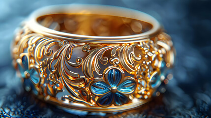 Golden Ring with Blue Gemstones 3D Illustration