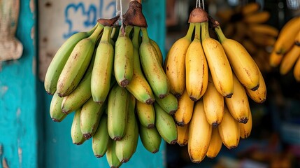 Fresh ripe bananas hanging on display. They are ideal for showcasing healthy food choices and tropical locations.