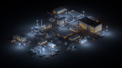Top view of night factory in isometric. Oil refining or metallurgy industry. Dark wallpaper with buildings, pipes, warehouses and tanks. Template for industrial infographics. 3d render