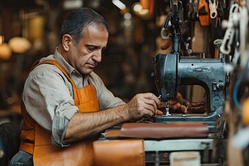 Naklejka premium A leather craftsman working on a vintage sewing machine. This photo can be used for projects about leather goods, craftsmanship, and vintage tools.