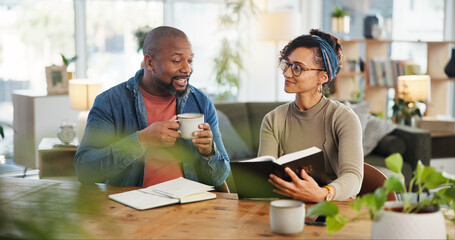 Couple, people and smile with reading bubble for religious or spiritual guidance, belief and...