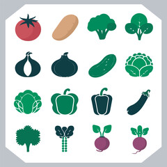 Set of vegetables black silhouette Carrot, potato, tomato, cucumber, onion, garlic, cauliflower, bell pepper, cabbage vector icon in white background.