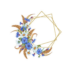 Blue cornflowers, daisies, wheat in a geometric polygonal frame watercolor illustration. Wildflower botanical composition element isolated from background. Suitable for cosmetics, aromatherapy,