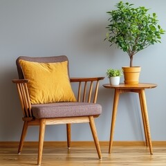 Yellow pillow on wooden chair by small indoor plant