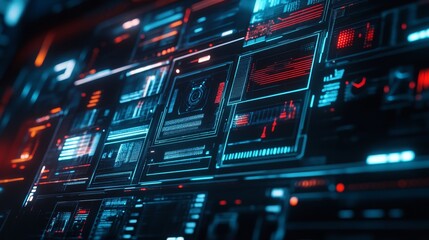 Futuristic Digital Interface with Red and Blue Neon Lights