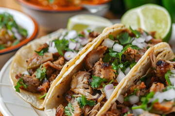Delicious authentic carnitas tacos with slow-cooked pork and fresh toppings on a rustic plate