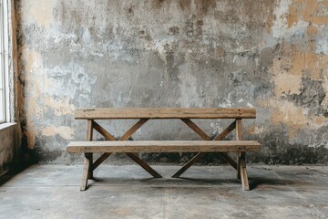 Vintage wooden bench in rustic industrial-style room