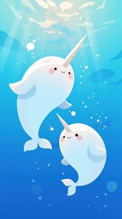 Naklejka premium Whimsical cartoon narwhals underwater adventure in sunlit ocean