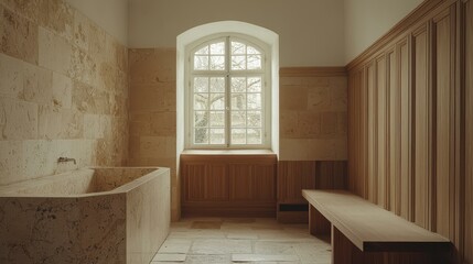 Fototapeta premium Modern minimalist room with stone bathtub and wooden bench